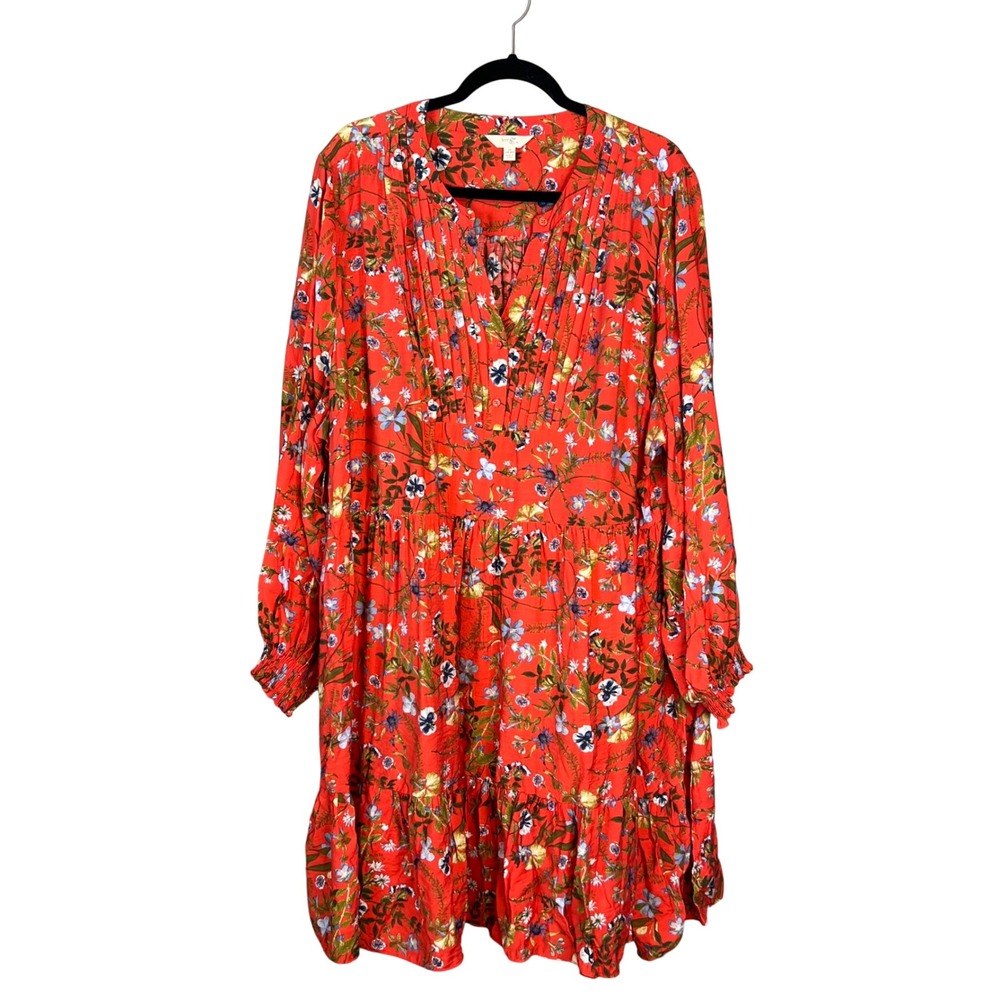 Terra & Sky Floral Babydoll Dress Plus Size‎ 3X Tiered Boho Long Sleeve Mini